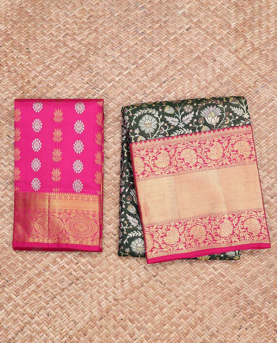 Black floal jacquard pure silk half saree with contrast floral border , zari design blouse & floral zari design dhavani - Image 4