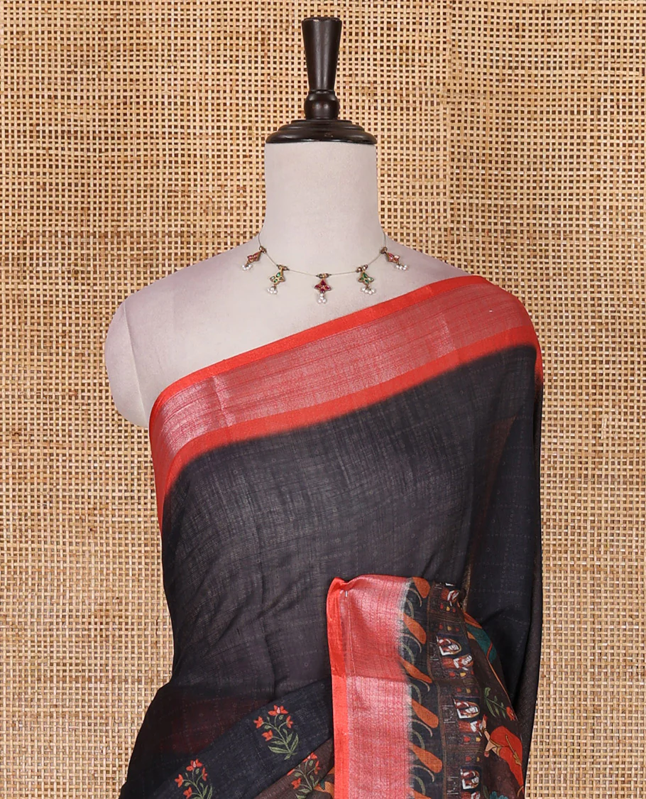 Black floral and human figurines printed linen cotton saree, contrast plain bavanji border, printed pallu, and contrast plain blouse - Image 3