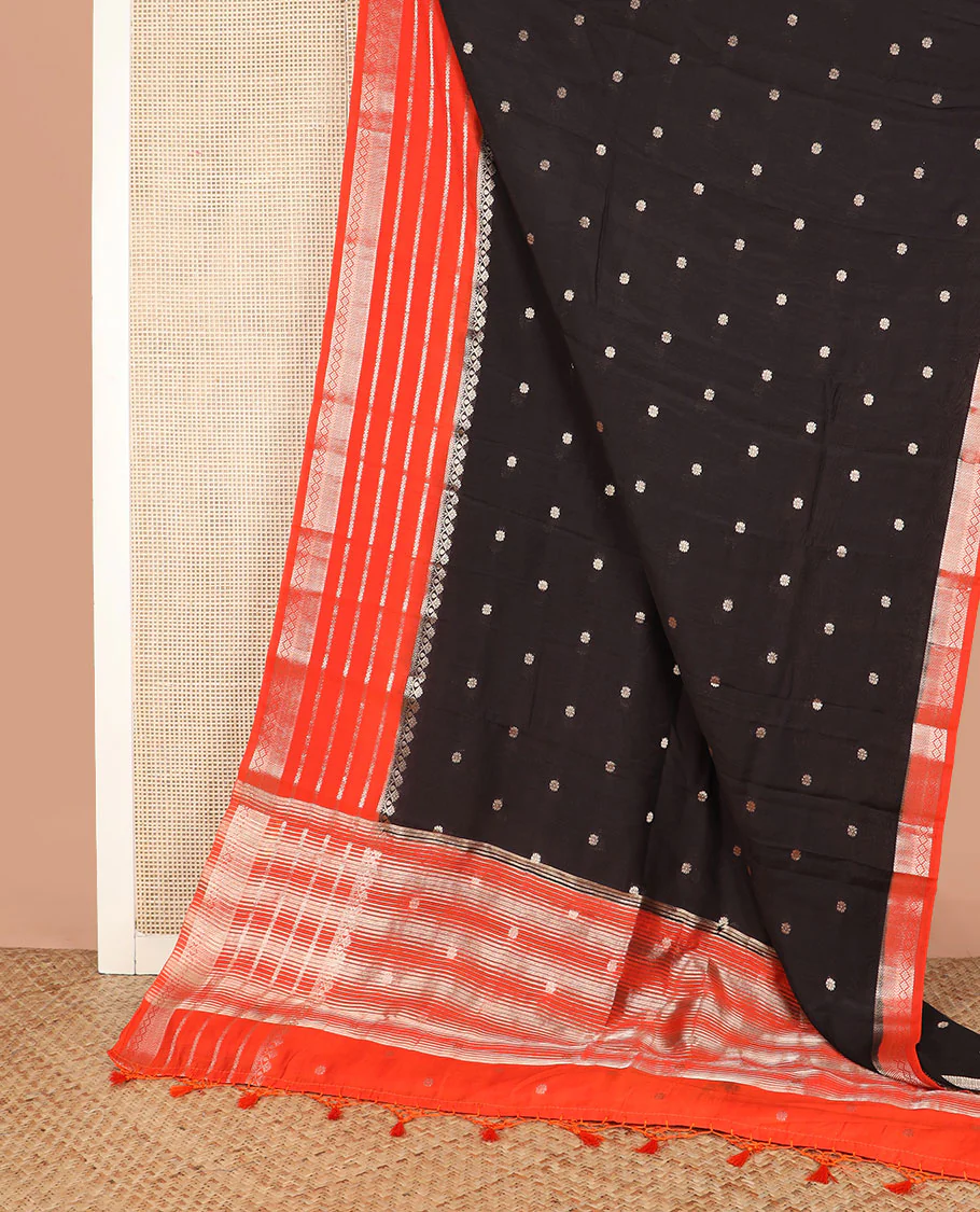 Black floral buttas assam silk saree, contrast traditional zari border, and pallu of stripes and zari buttas - Image 2