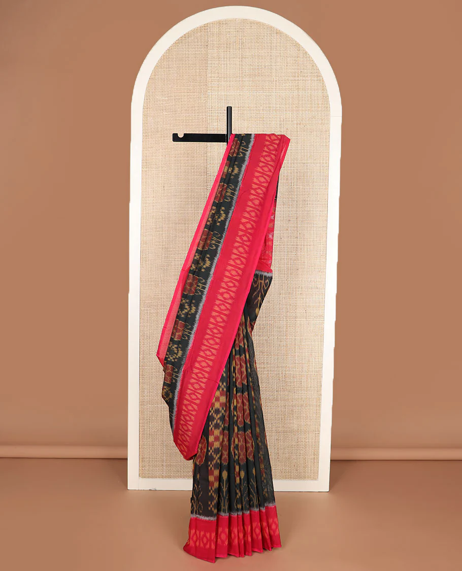 Black floral & checks Pochampally cotton saree, contrast ikkat border & pallu of ikkat jaal design