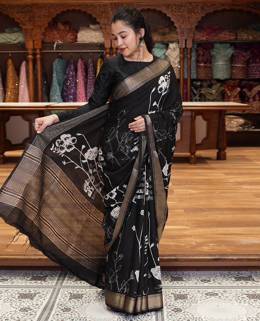 Black floral discharge printed assam silk saree, chevron striped border, zari striped pallu, and a matching blouse - Image 2