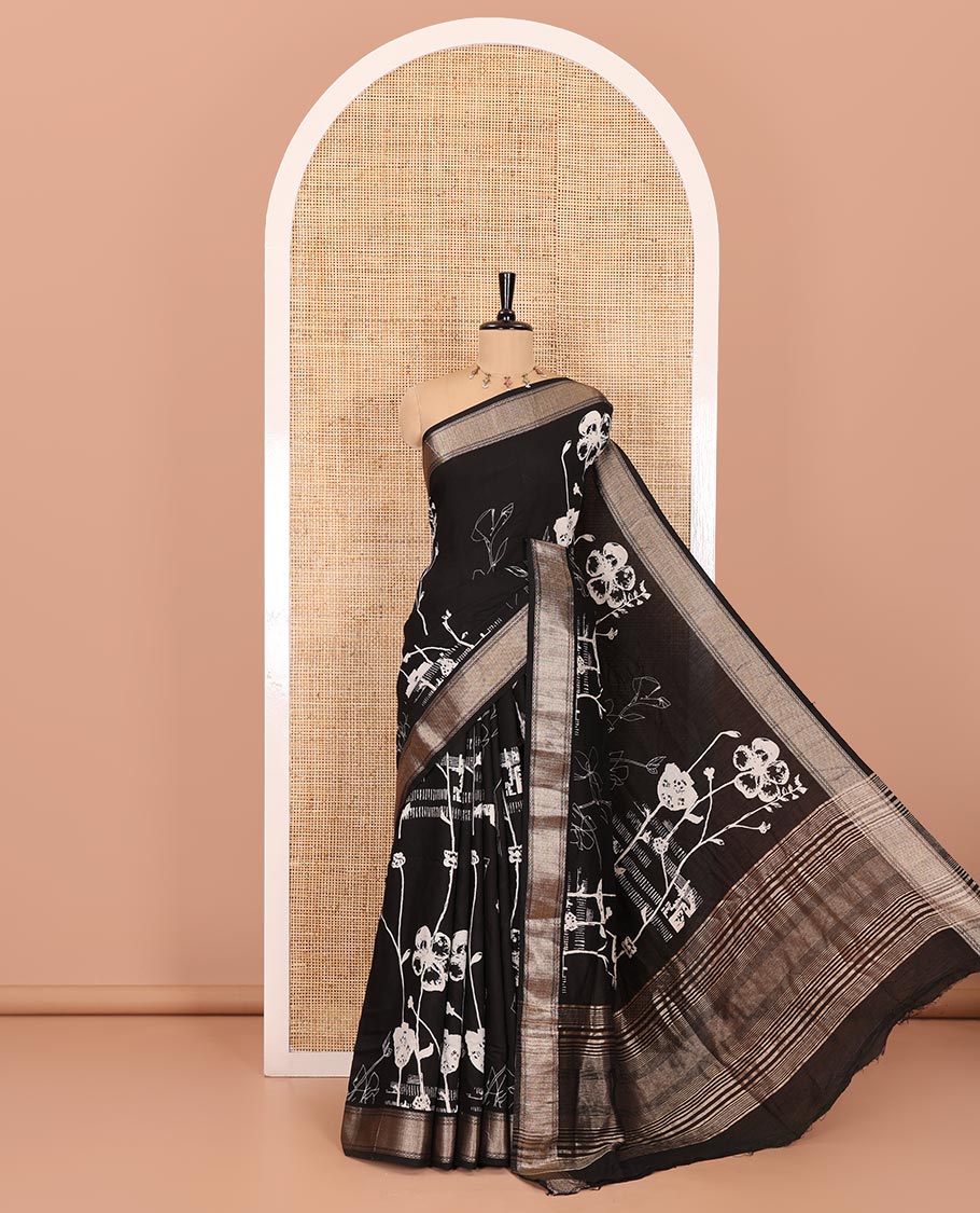 Black floral discharge printed assam silk saree, chevron striped border, zari striped pallu, and a matching blouse - Image 3