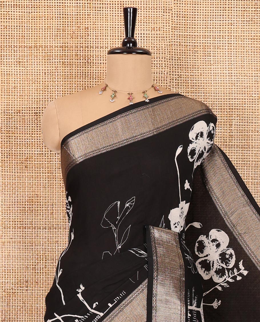Black floral discharge printed assam silk saree, chevron striped border, zari striped pallu, and a matching blouse - Image 4