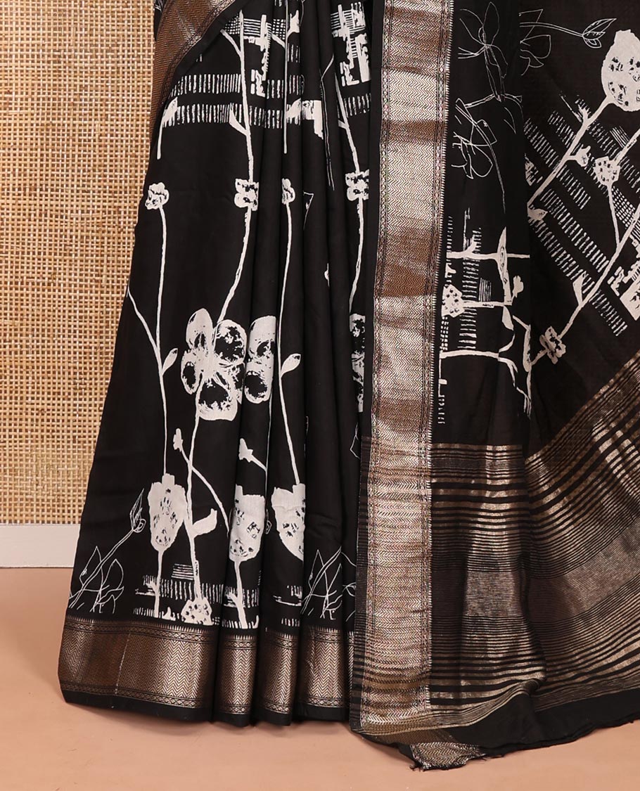 Black floral discharge printed assam silk saree, chevron striped border, zari striped pallu, and a matching blouse - Image 5