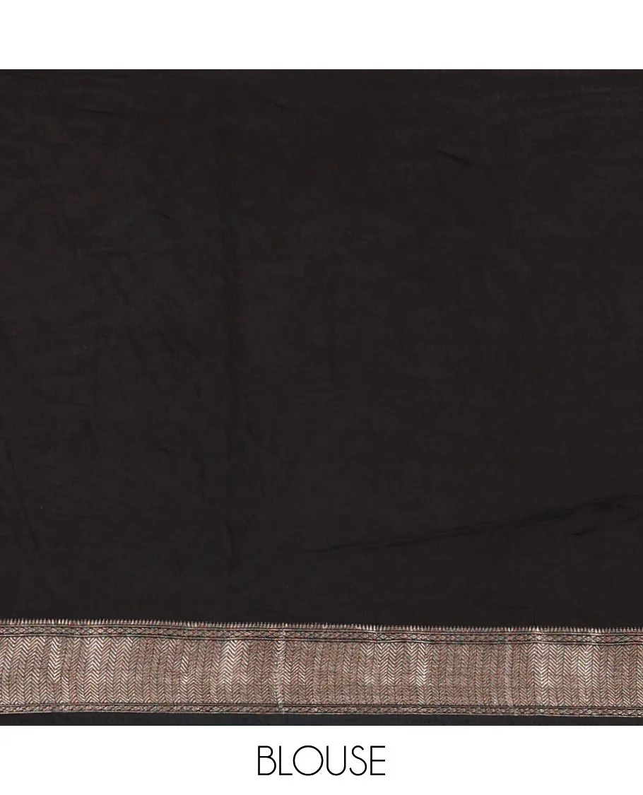 Black floral discharge printed assam silk saree, chevron striped border, zari striped pallu, and a matching blouse - Image 6