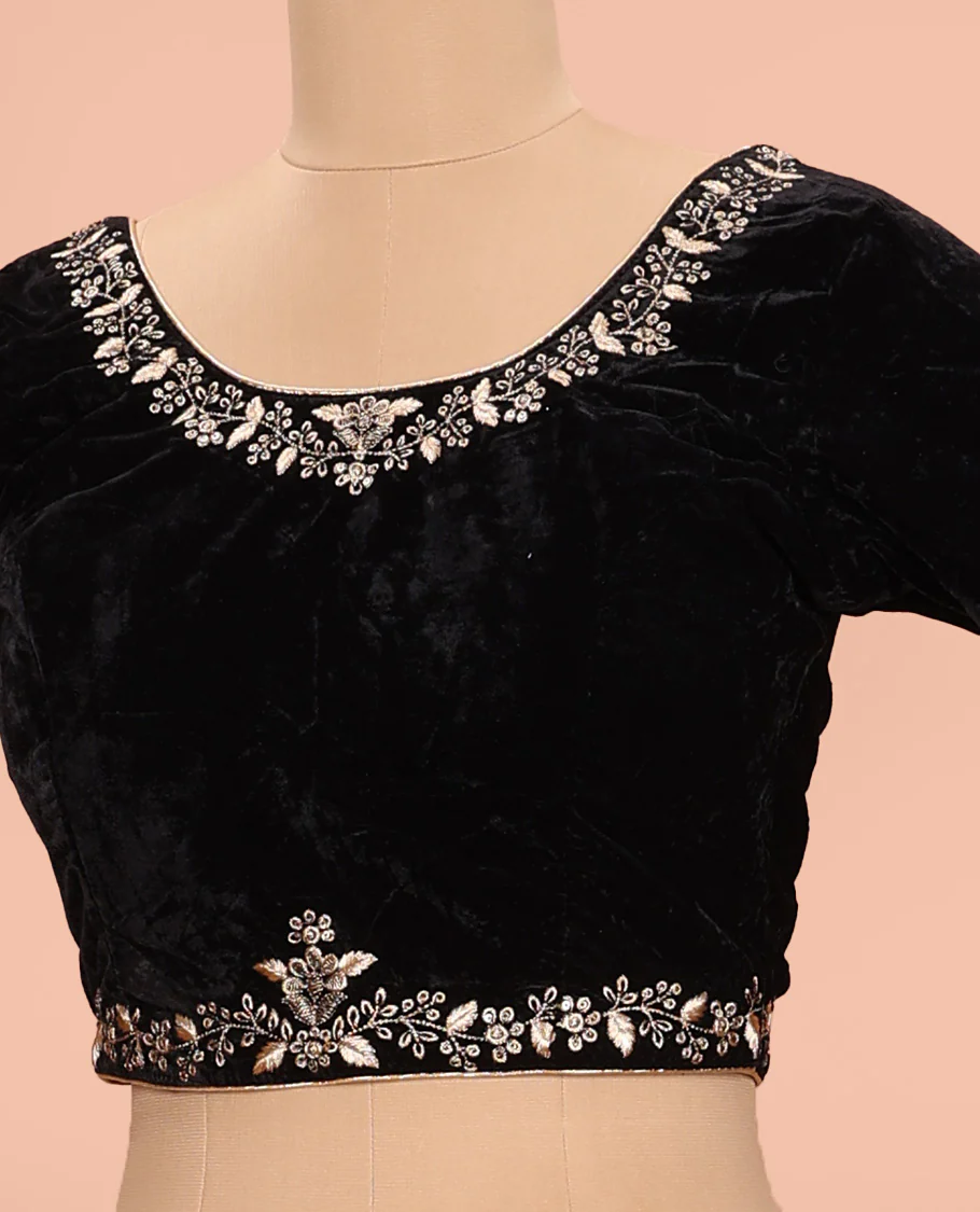 Black floral embroidered front round neck and back leaf neck with elbow sleeve velvet blouse - Image 2