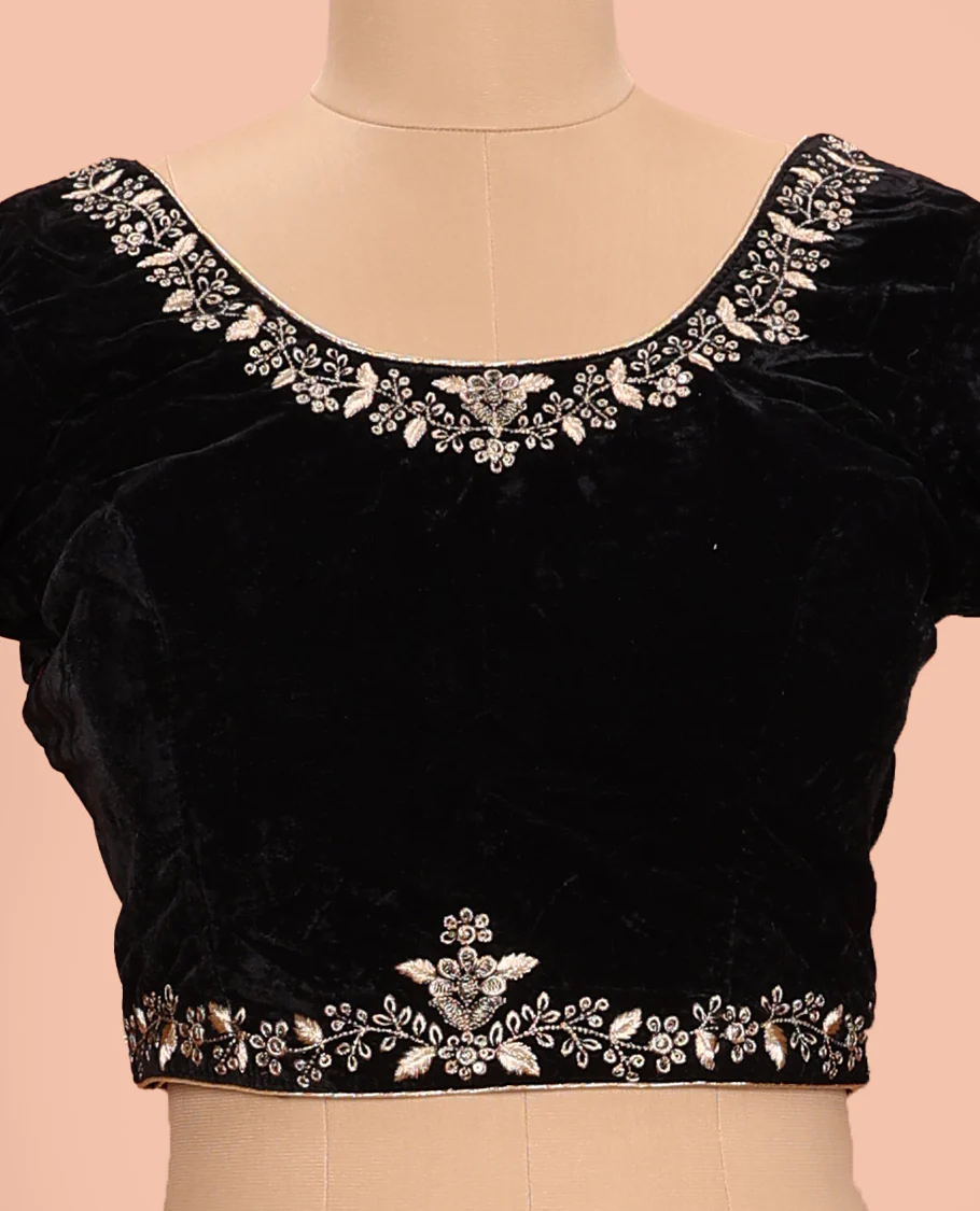 Black floral embroidered front round neck and back leaf neck with elbow sleeve velvet blouse - Image 3