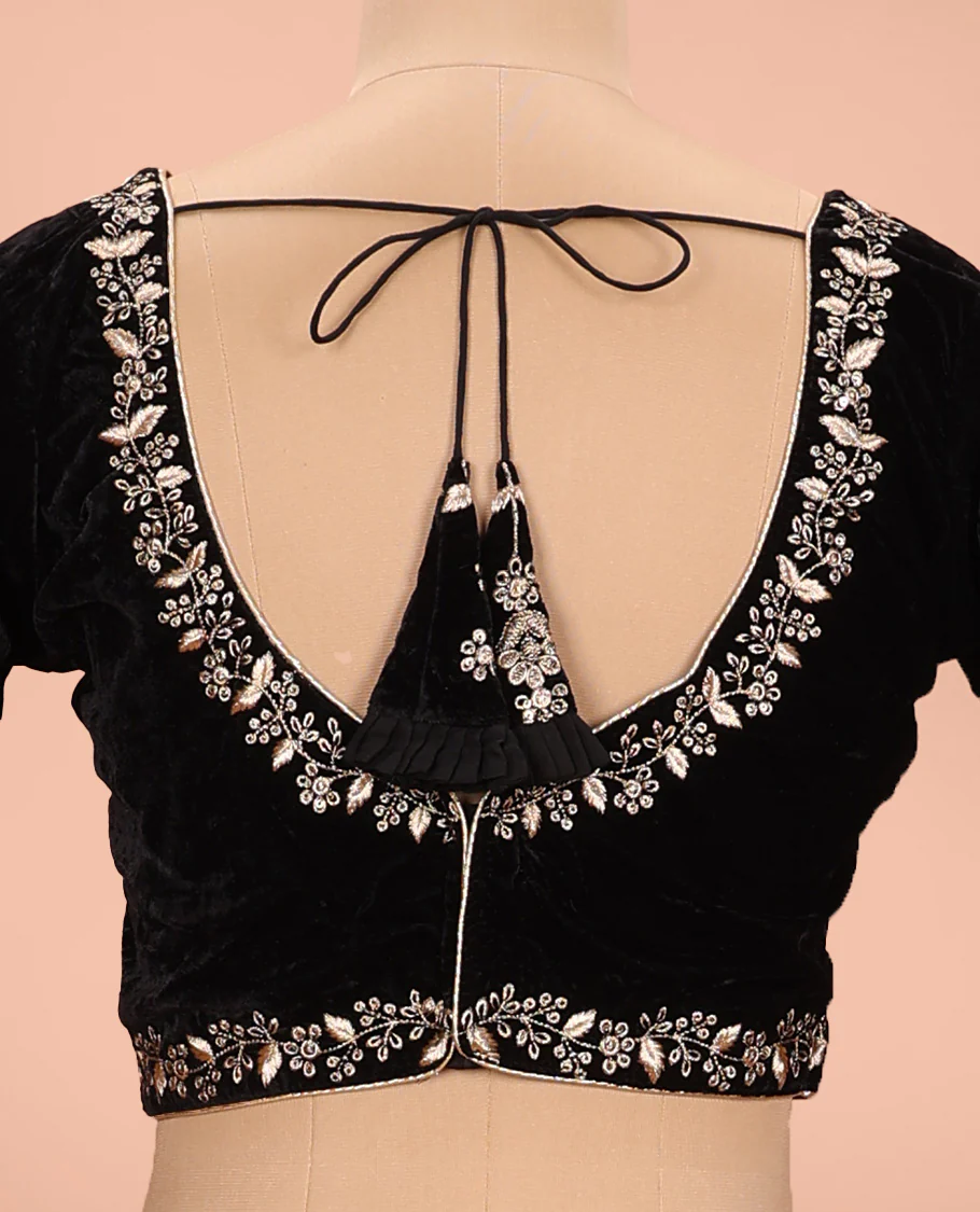 Black floral embroidered front round neck and back leaf neck with elbow sleeve velvet blouse - Image 4