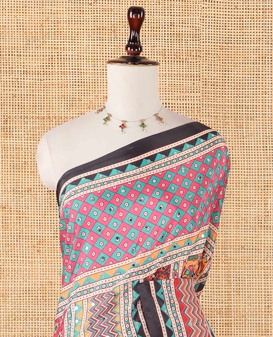 Black floral & geometric print & mirror work masakali saree,self-border & pallu of print & mirror work, printed blouse - Image 3