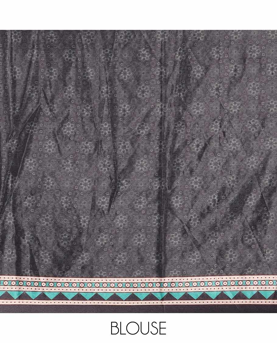 Black floral & geometric print & mirror work masakali saree,self-border & pallu of print & mirror work, printed blouse - Image 4