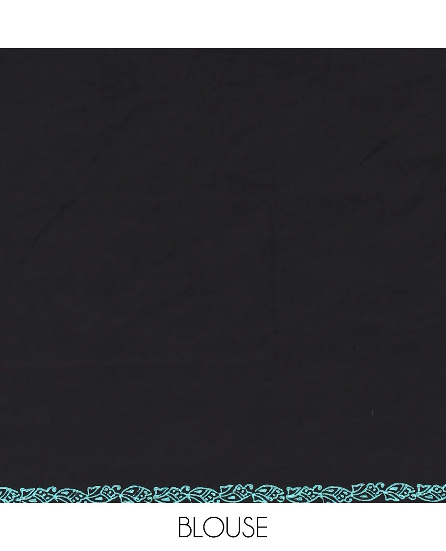 Black floral motifs hand block printed South cotton saree, floral hand block printed border and pallu, along with a contrast printed blouse - Image 5