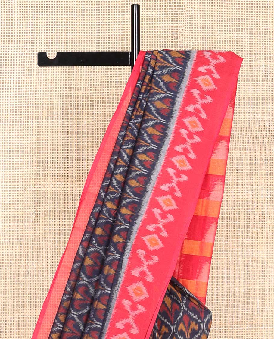 Black floral ogee design ikkat cotton saree with contrast floral design border & geometric design pallu - Image 3