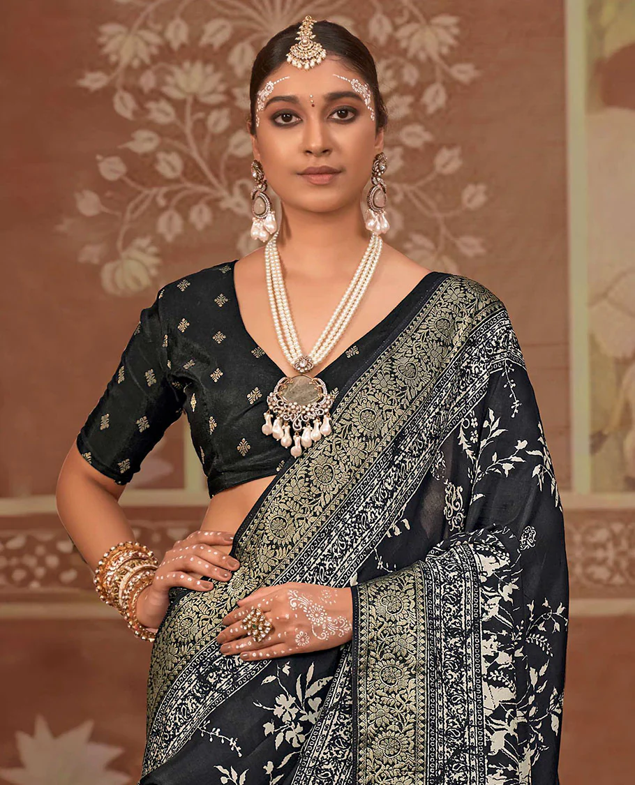 Black floral printed designer saree, floral creeper border, and zari striped pallu - Image 2