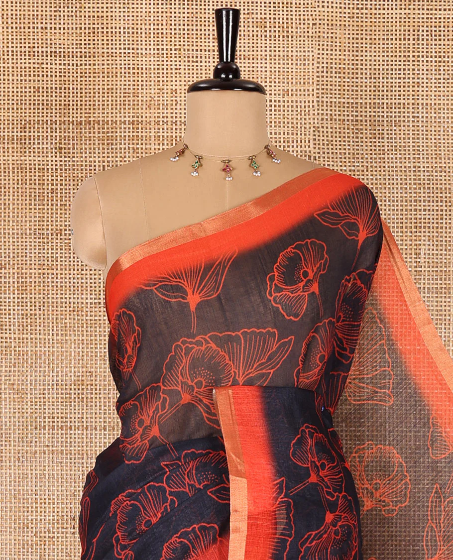 Black floral printed linen cotton saree, contrast piping border, kalamkari floral and peacock printed pallu, and a contrast floral vine printed blouse - Image 2