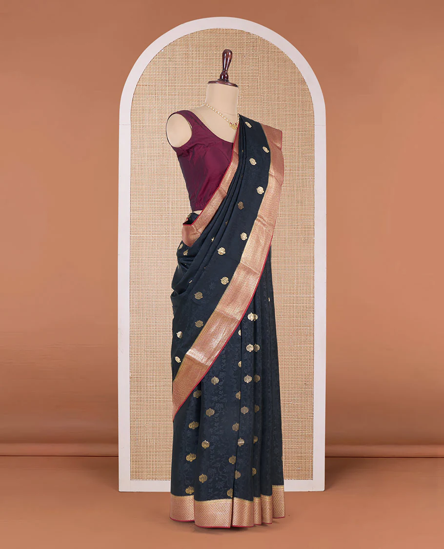 Black floral vine embossed and zari buttas Mysore silk saree, contrast traditional zari design border, and pallu
