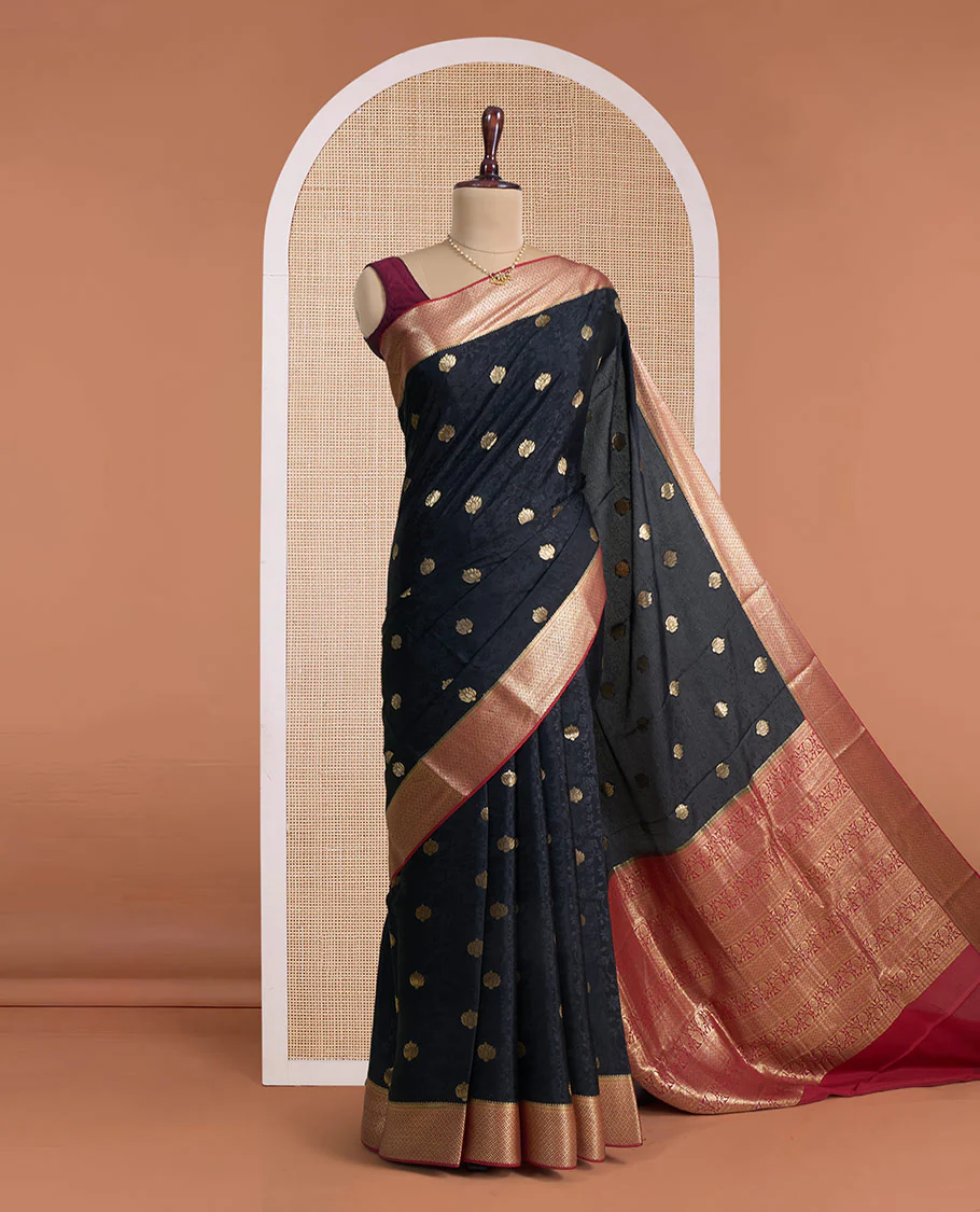 Black floral vine embossed and zari buttas Mysore silk saree, contrast traditional zari design border, and pallu - Image 2