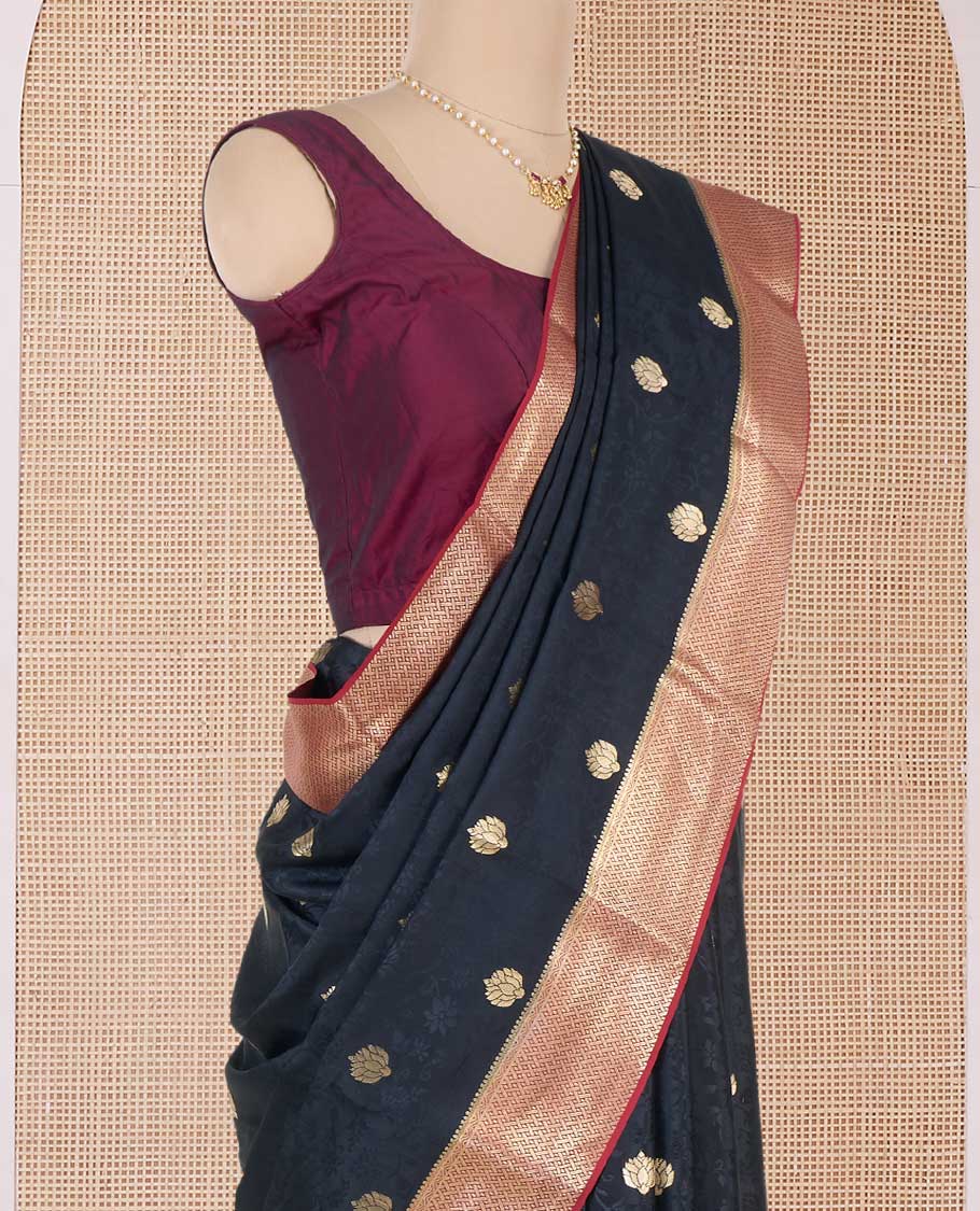Black floral vine embossed and zari buttas Mysore silk saree, contrast traditional zari design border, and pallu - Image 3
