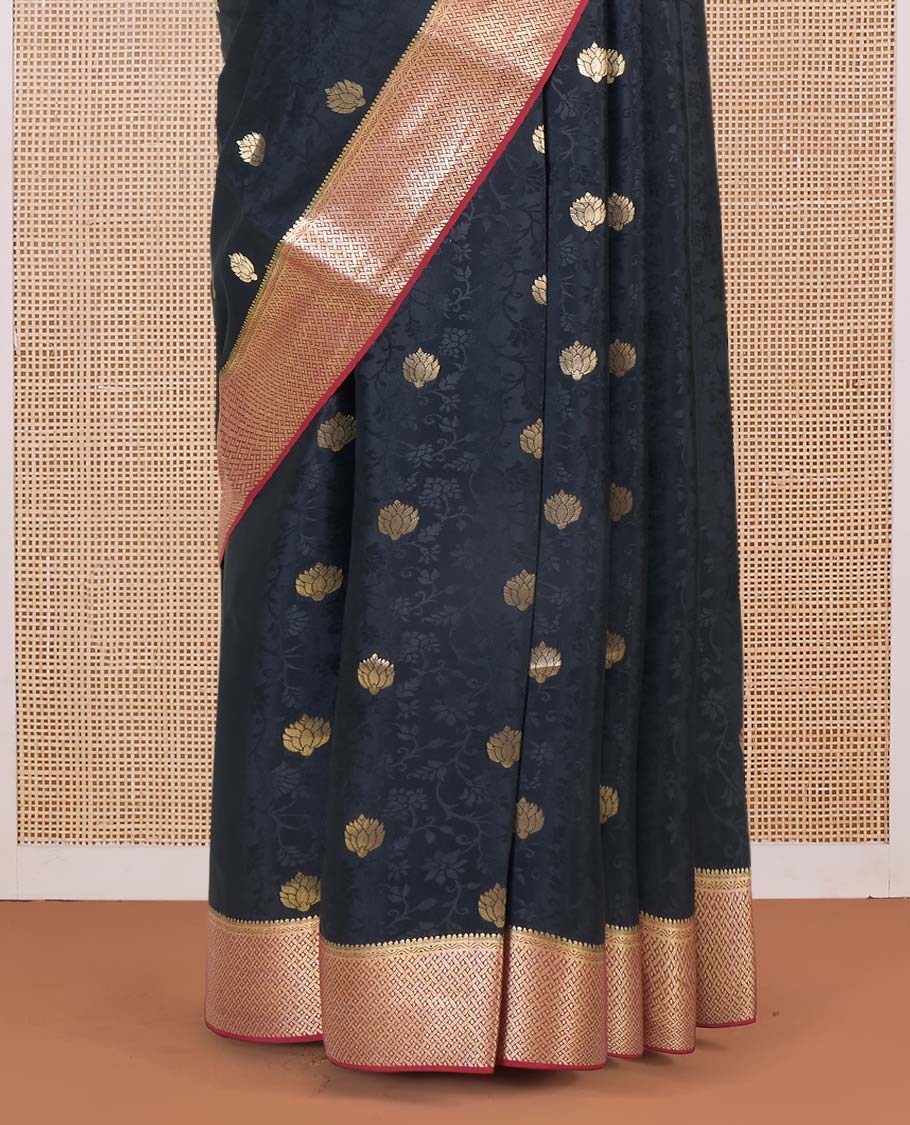 Black floral vine embossed and zari buttas Mysore silk saree, contrast traditional zari design border, and pallu - Image 4
