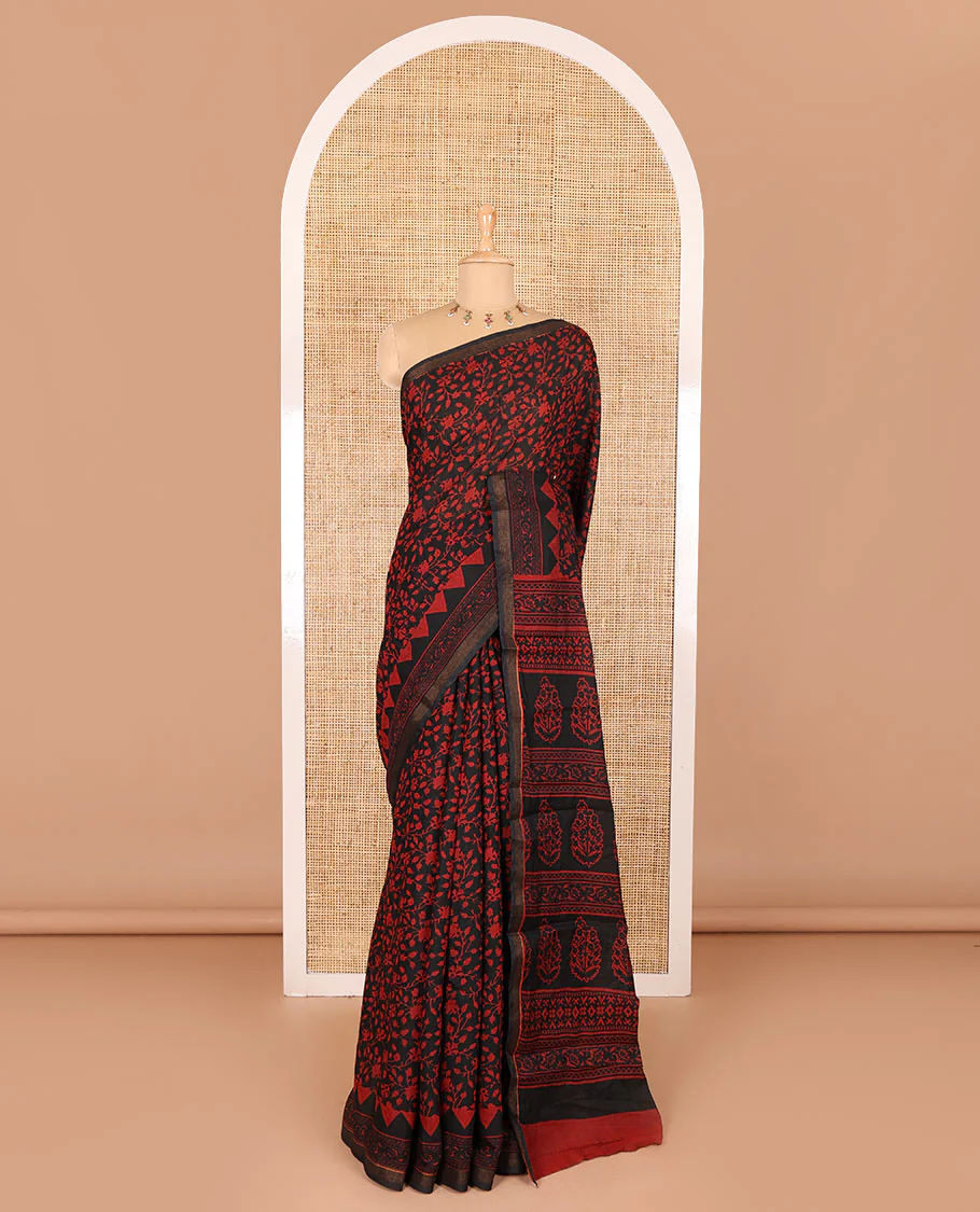 Black floral vine hand block printed Chanderi cotton saree with temple border of print, and piping zari work, printed pallu, and a zig-zag striped blouse - Image 2