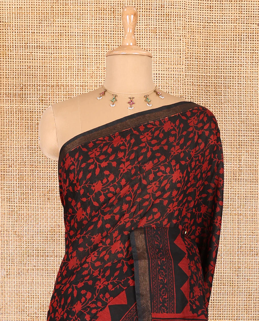Black floral vine hand block printed Chanderi cotton saree with temple border of print, and piping zari work, printed pallu, and a zig-zag striped blouse - Image 3