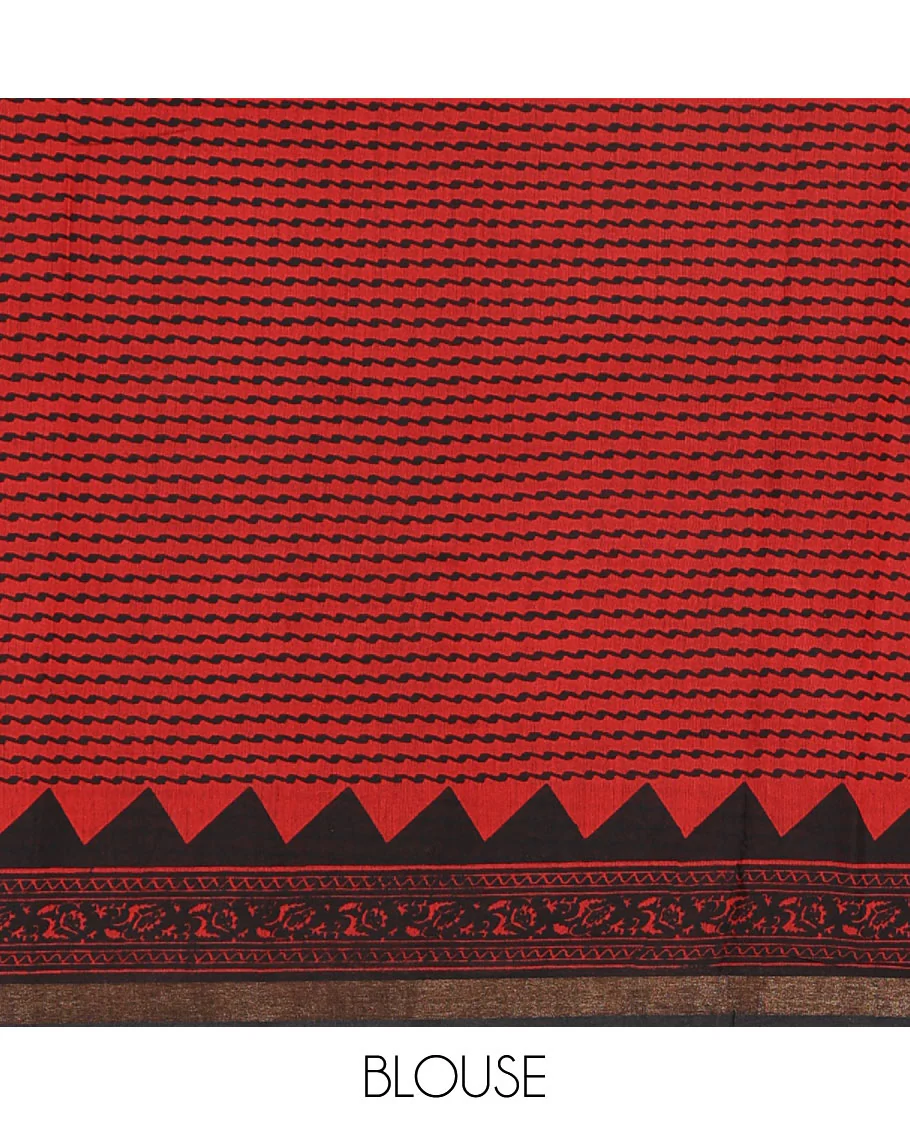Black floral vine hand block printed Chanderi cotton saree with temple border of print, and piping zari work, printed pallu, and a zig-zag striped blouse - Image 4