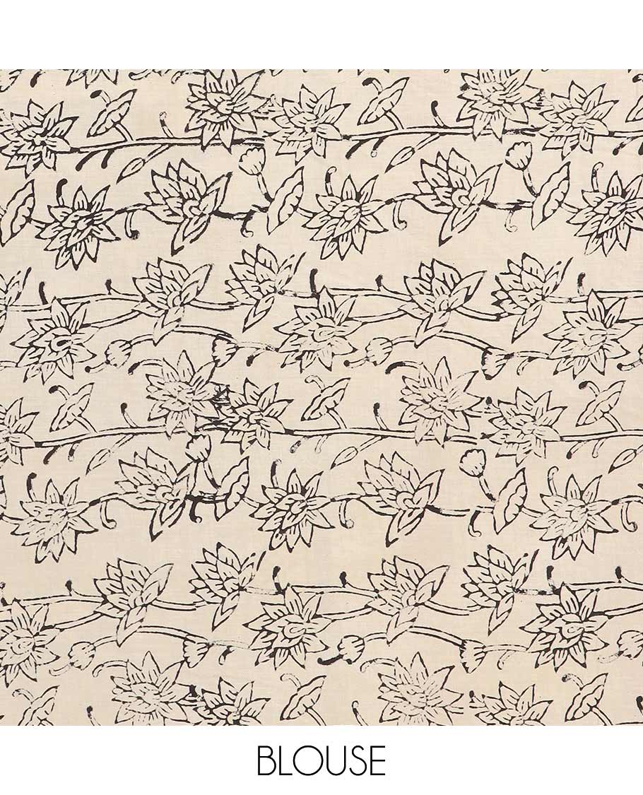 Black floral vine machine-printed Kalamkari cotton saree, geometric printed border, and geometric printed pallu - Image 3