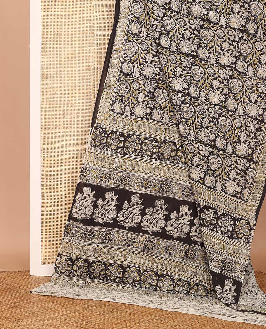 Black floral vine machine-printed Kalamkari cotton saree, geometric printed border, and pallu of floral print - Image 2
