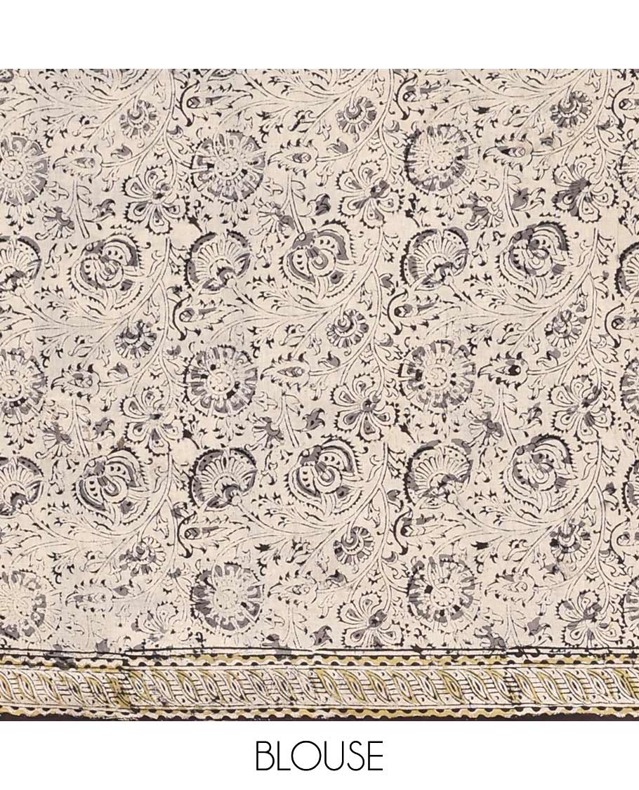 Black floral vine machine-printed Kalamkari cotton saree, geometric printed border, and pallu of floral print - Image 3