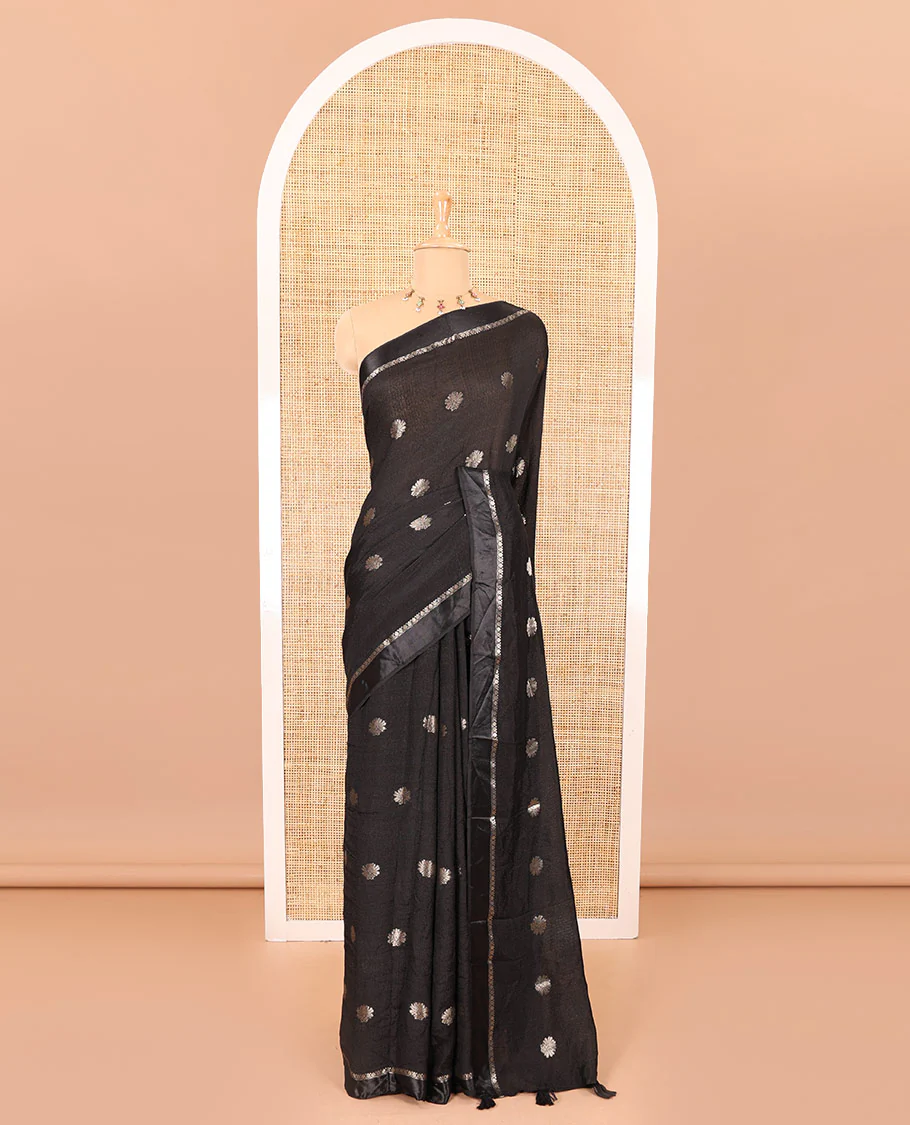 Black floral zari buttas viscose khadi silk saree, traditional zari satin border, floral zari buttas woven pallu, and a matching zari design blouse - Image 2