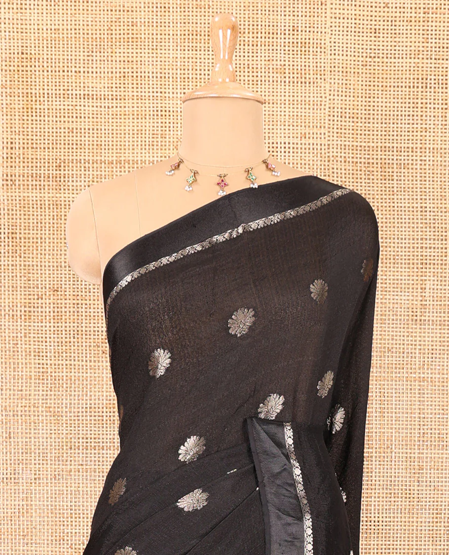 Black floral zari buttas viscose khadi silk saree, traditional zari satin border, floral zari buttas woven pallu, and a matching zari design blouse - Image 3