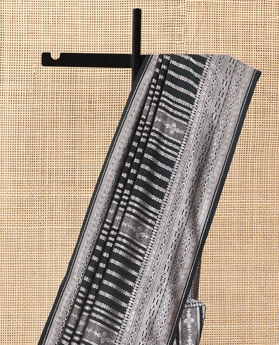 Black geometric jacquard satin silk saree, zari border and pallu steeped with traditional zari designs - Image 4