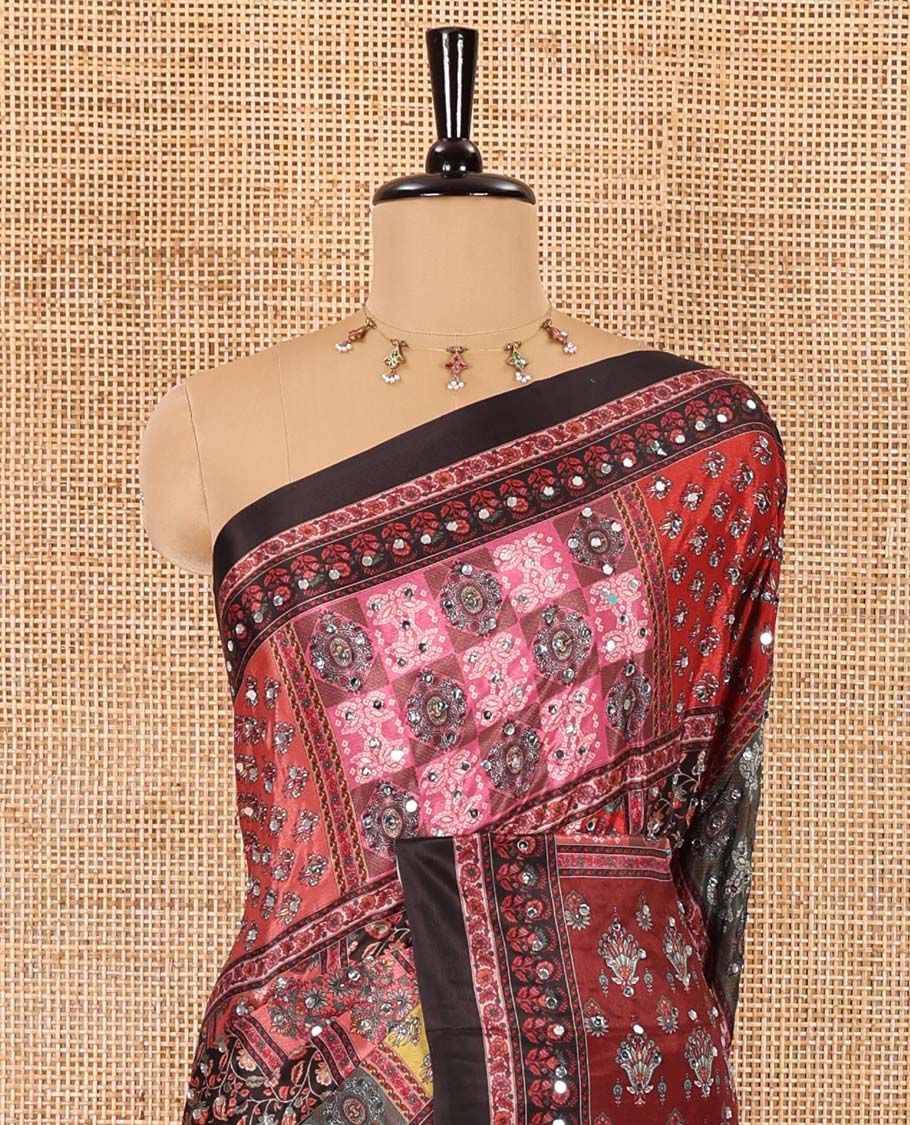 Black geometric printed with mirror work masakali saree, self-border, printed and mirror work pallu, and a matching blouse - Image 3