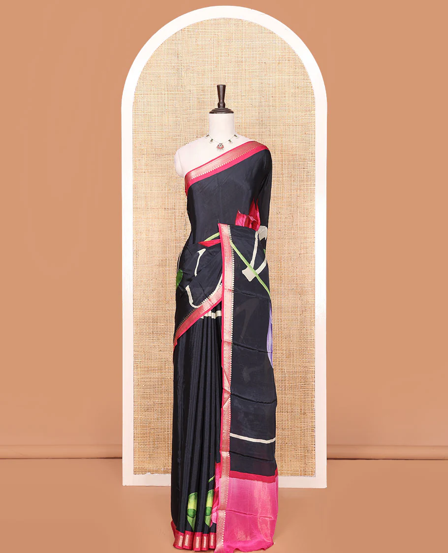 Black Georgette Saree Highlighted with Unique Print, Complemented by a Contrast Traditional Zari Border, Pallu Gleamed Up with Zari, and Paired with a Contrast Buttas Woven Blouse - Image 2