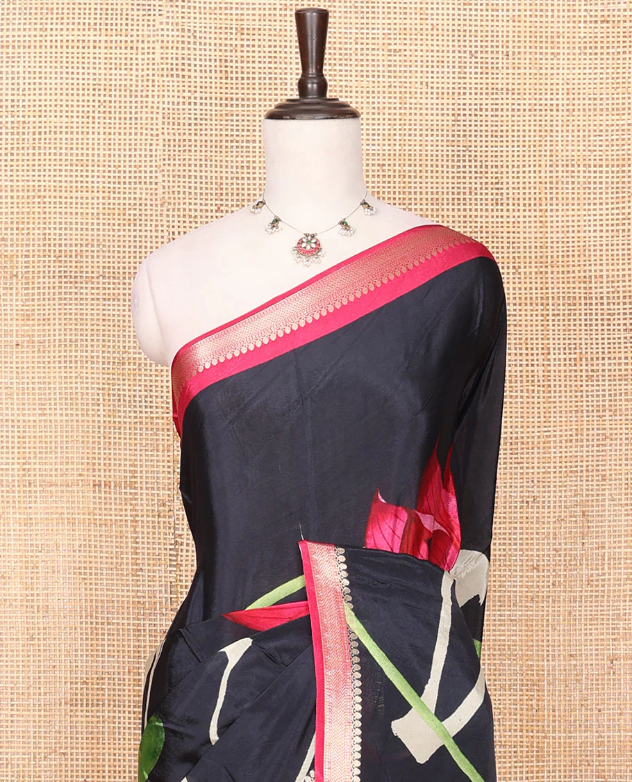 Black Georgette Saree Highlighted with Unique Print, Complemented by a Contrast Traditional Zari Border, Pallu Gleamed Up with Zari, and Paired with a Contrast Buttas Woven Blouse - Image 3