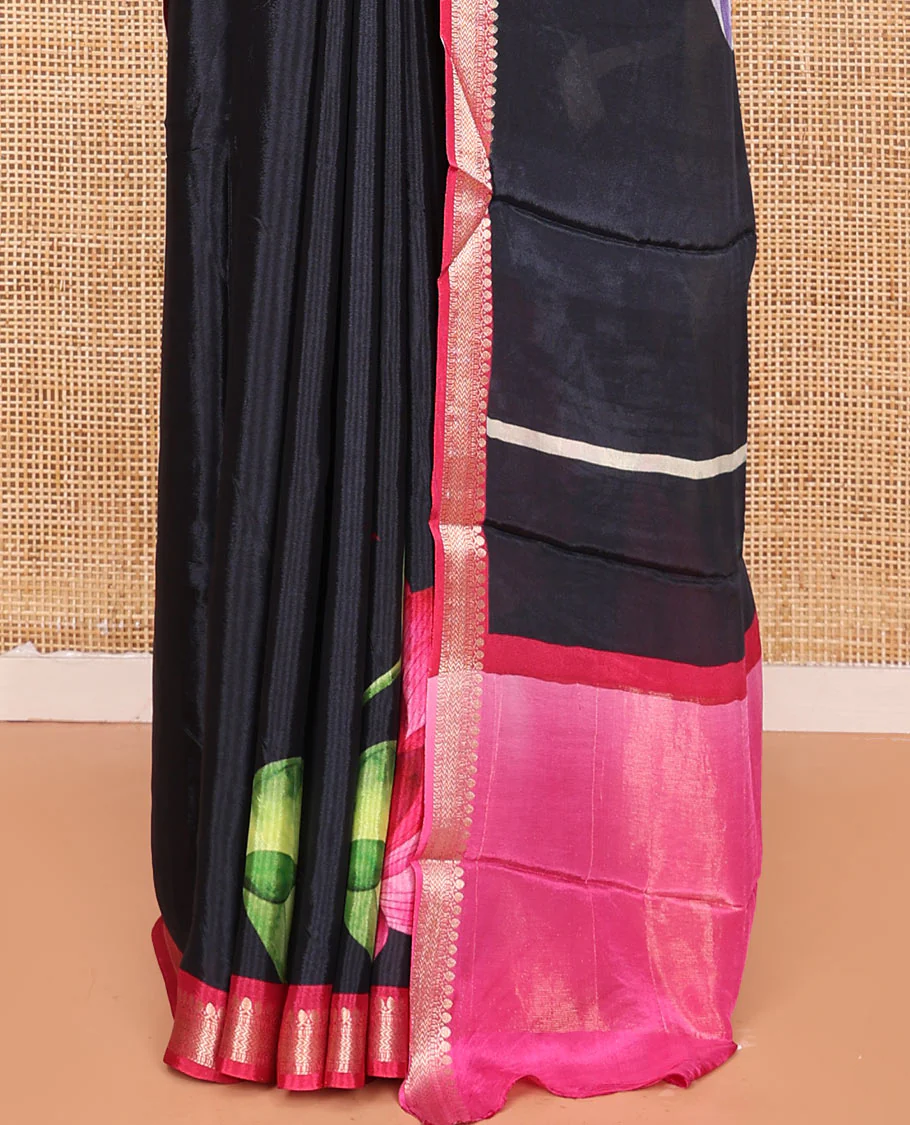 Black Georgette Saree Highlighted with Unique Print, Complemented by a Contrast Traditional Zari Border, Pallu Gleamed Up with Zari, and Paired with a Contrast Buttas Woven Blouse - Image 4