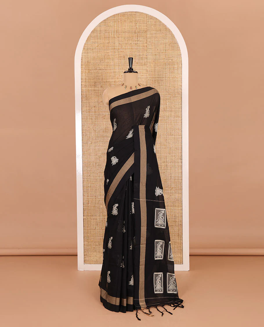 Black girl motifs mercerised cotton saree, bavanji border, girl motifs steeped pallu, and a matching blouse - Image 2