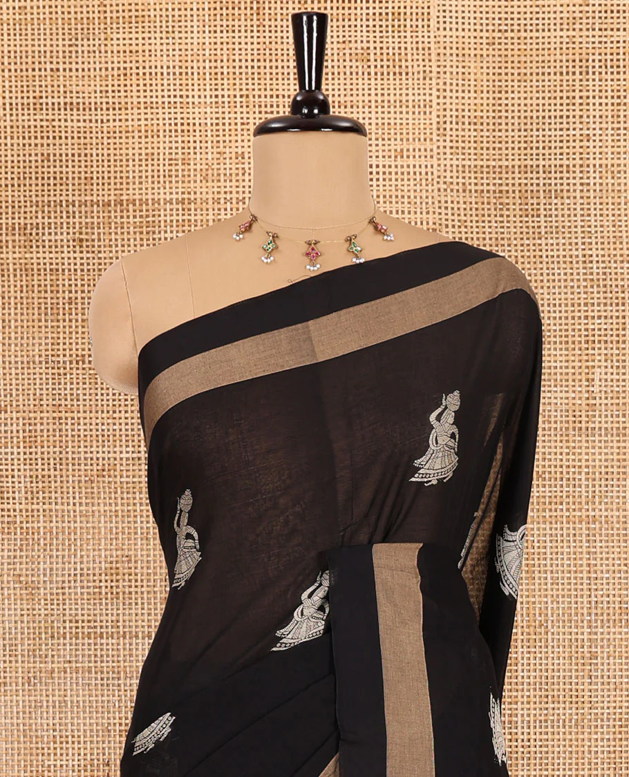 Black girl motifs mercerised cotton saree, bavanji border, girl motifs steeped pallu, and a matching blouse - Image 3