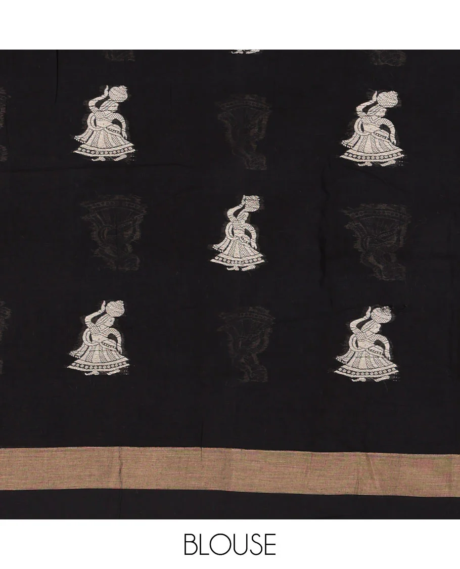 Black girl motifs mercerised cotton saree, bavanji border, girl motifs steeped pallu, and a matching blouse - Image 4