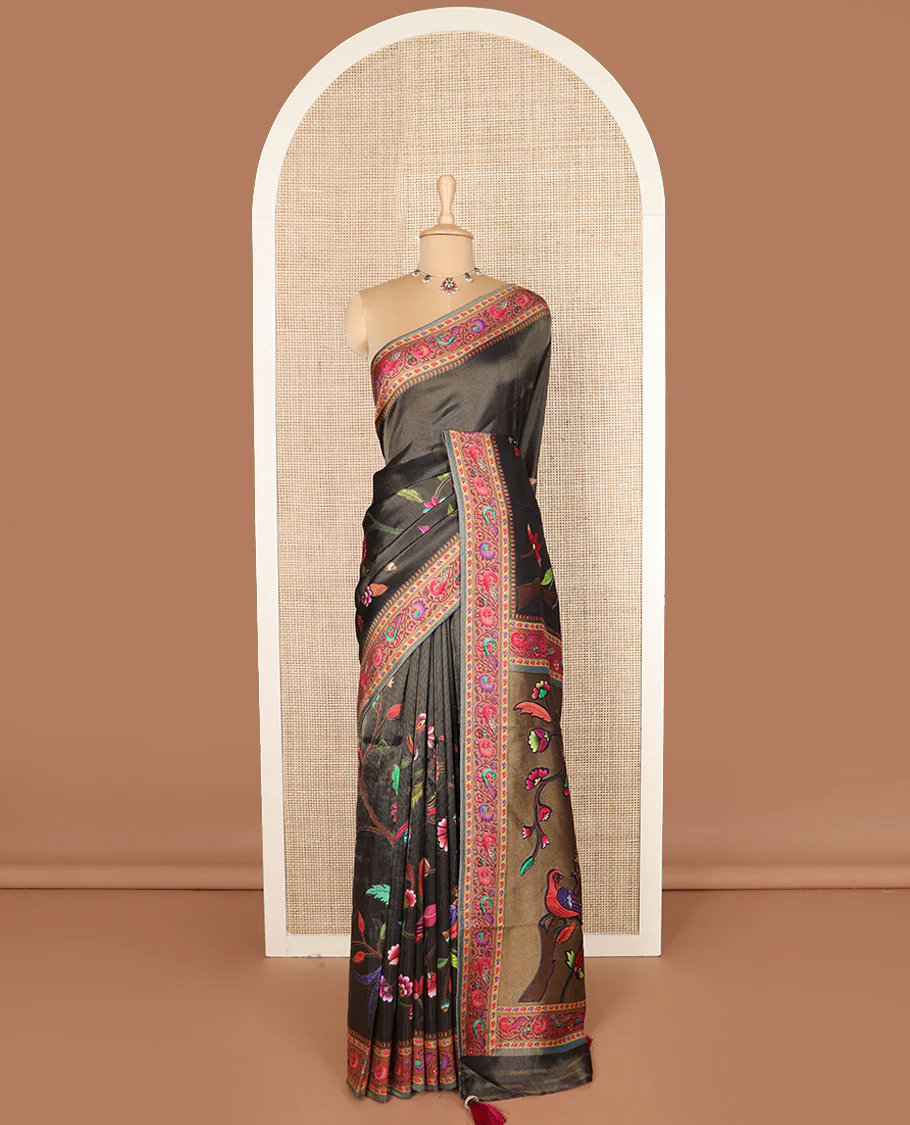 Black grey color floral vine printed dola silk saree, contrast floral and bird printed border, and pallu - Image 2