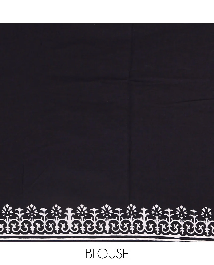 Black half-and-half style butterflies and warli theme block printed soft mul cotton saree, printed border, floral printed pallu, and a plain blouse - Image 4