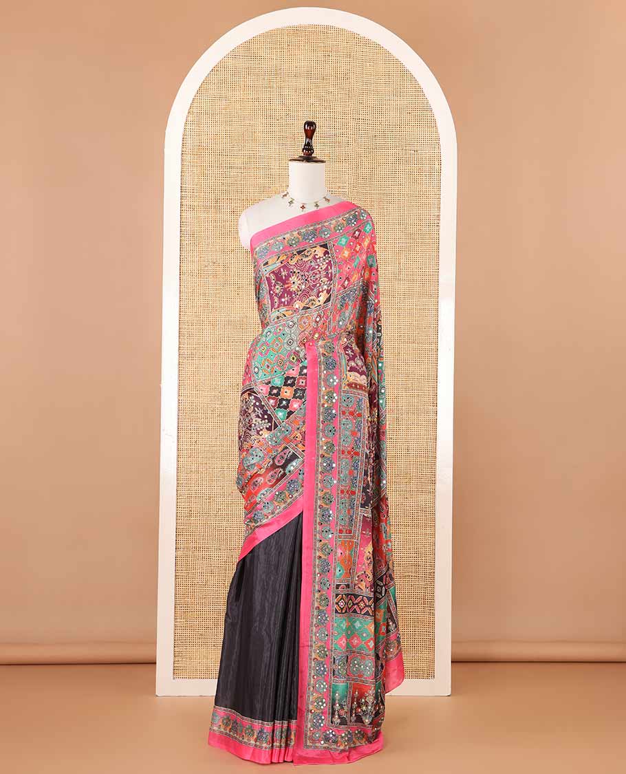 Black half-&-half style geometric print & mirror work masakali saree,self-border & pallu of print & mirror work,plain blouse