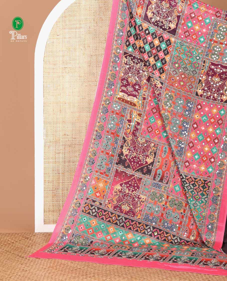 Black half-&-half style geometric print & mirror work masakali saree,self-border & pallu of print & mirror work,plain blouse - Image 2