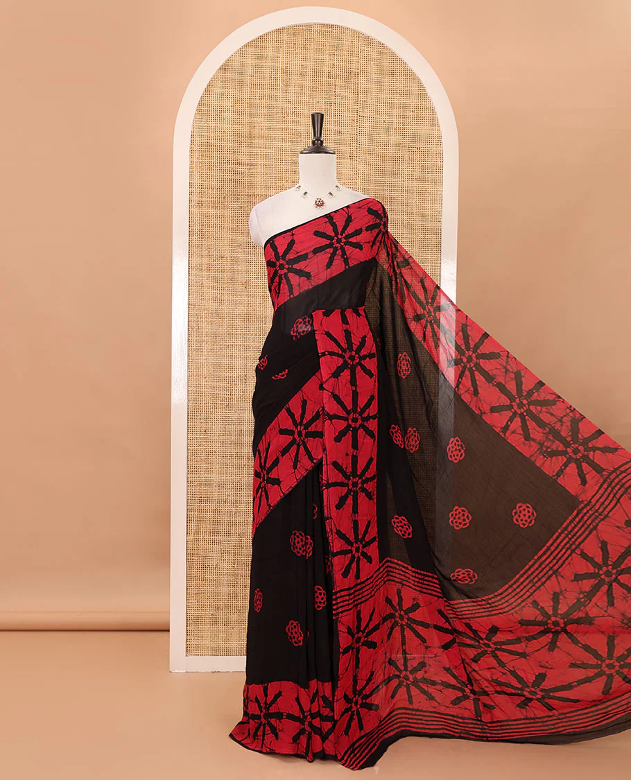 Black handblock wax batik printed georgette saree, star-like motifs handblock wax batik printed border & pallu & matching printed blouse