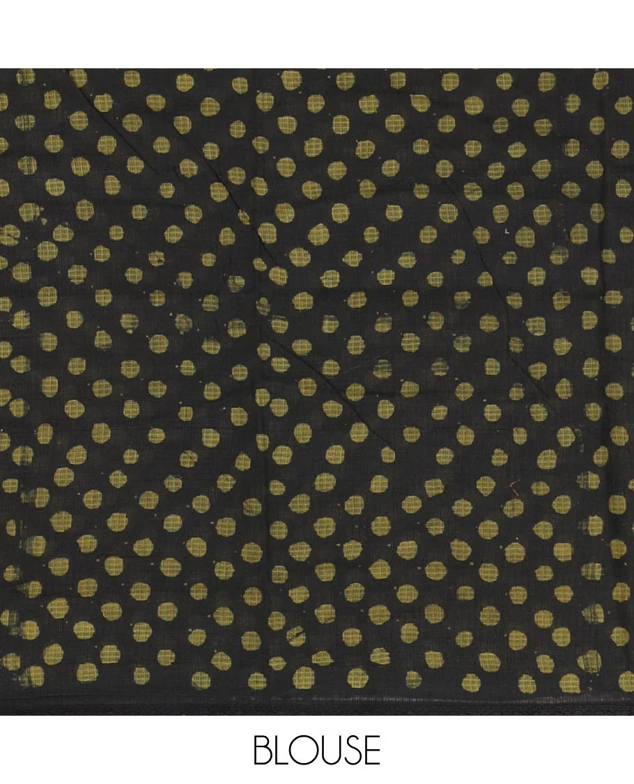 Black handblock wax batik printed kota check saree, contrast batik print lacework border, batik print pallu & polka dots print blouse - Image 4