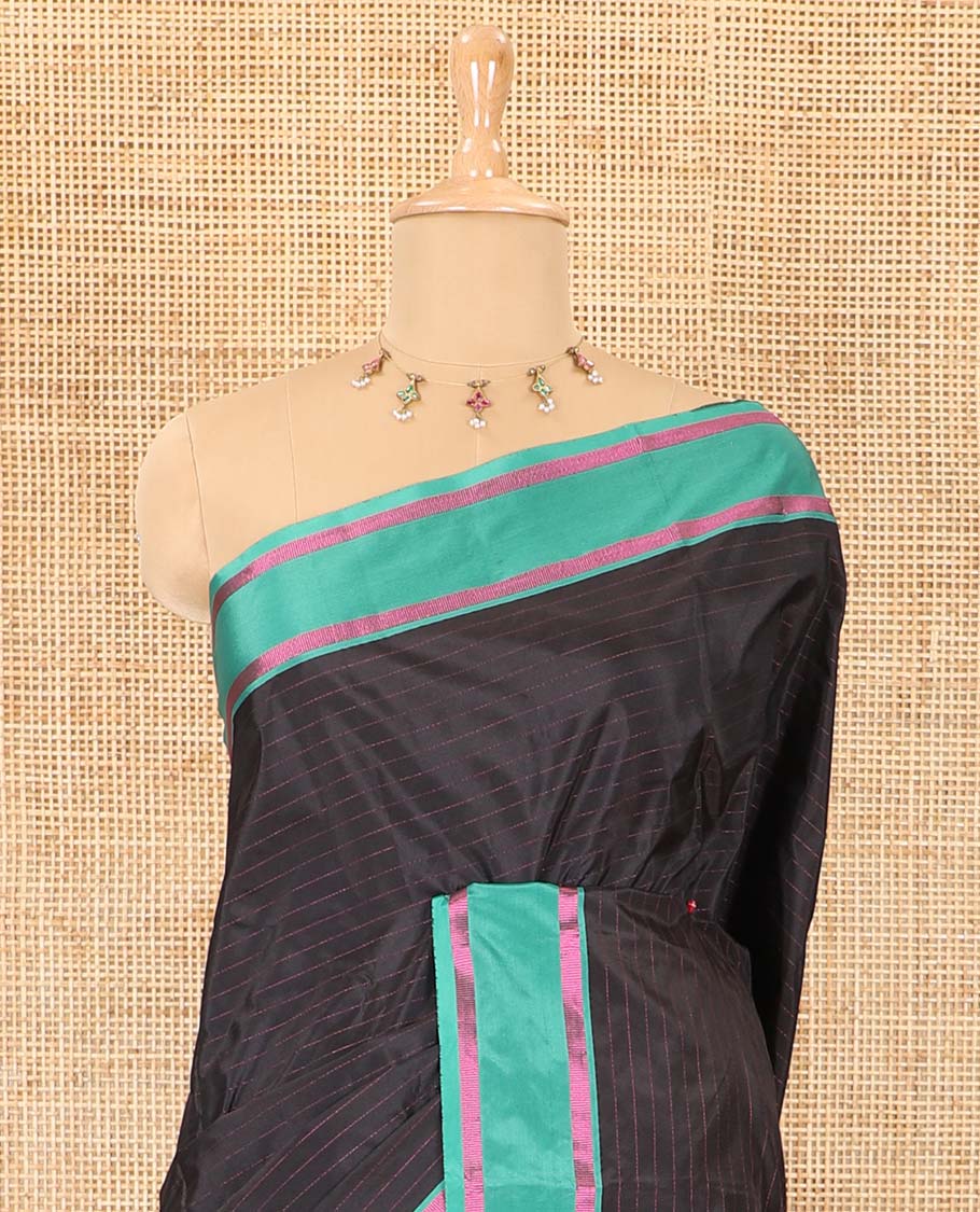 Black horizontal striped semi-soft silk saree, contrast satin striped border, striped pallu, and a matching blouse - Image 3