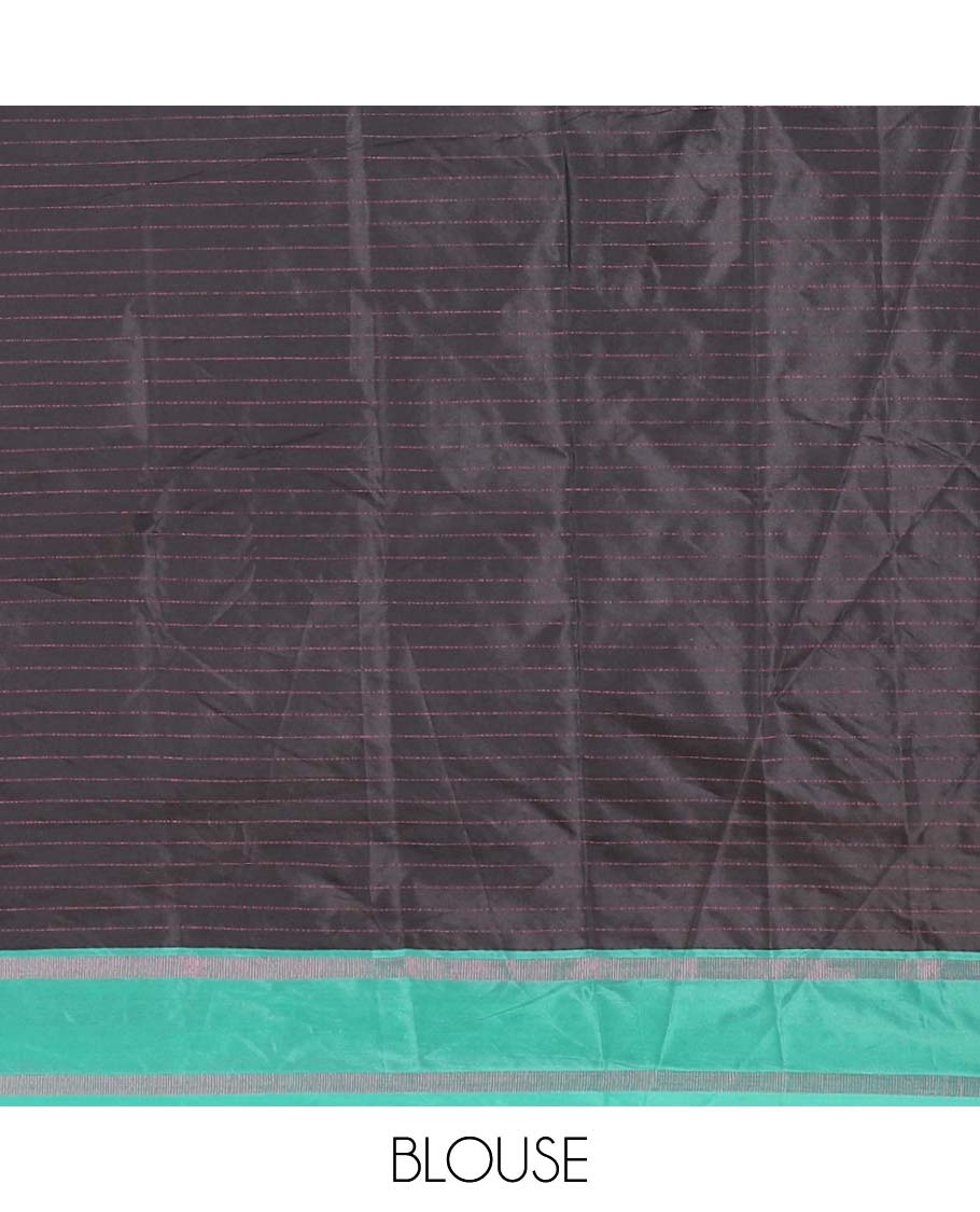 Black horizontal striped semi-soft silk saree, contrast satin striped border, striped pallu, and a matching blouse - Image 4