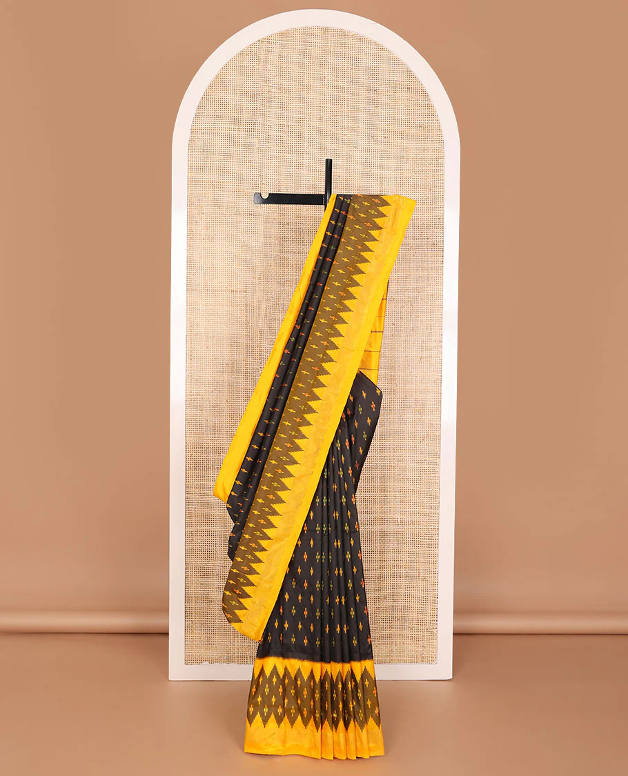 Black ikkat saree with ikkat buttas, contrast ikkat border & pallu of ikkat designs - Image 2
