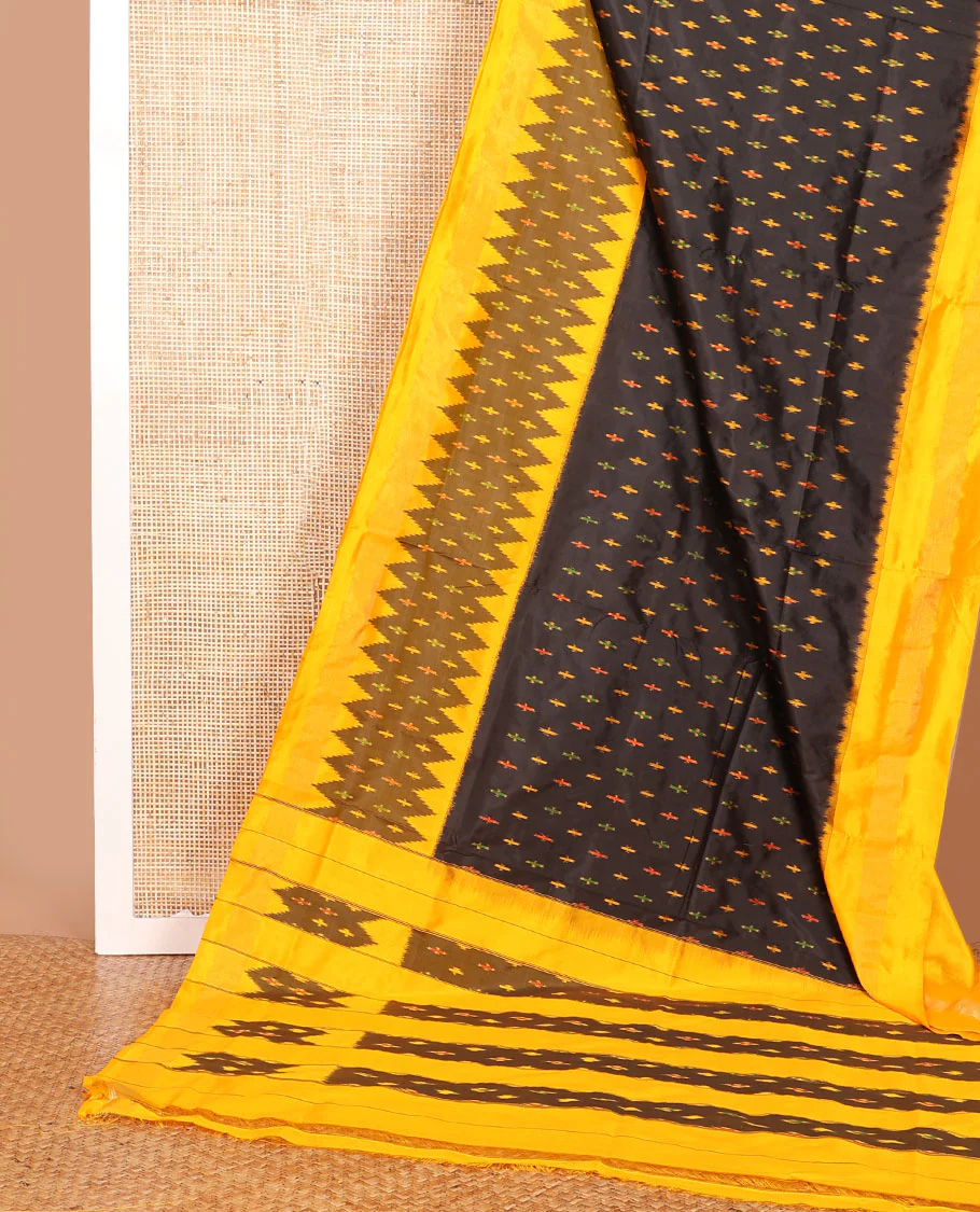 Black ikkat saree with ikkat buttas, contrast ikkat border & pallu of ikkat designs - Image 3