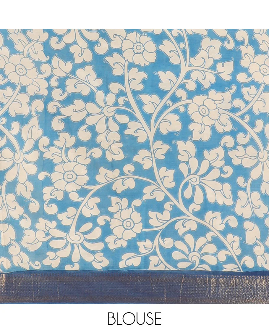 Black kalamkari-style pichwai printed Mangalagiri cotton saree with contrast traditional zari border, kalamkari printed pallu, and a floral vine printed blouse - Image 4