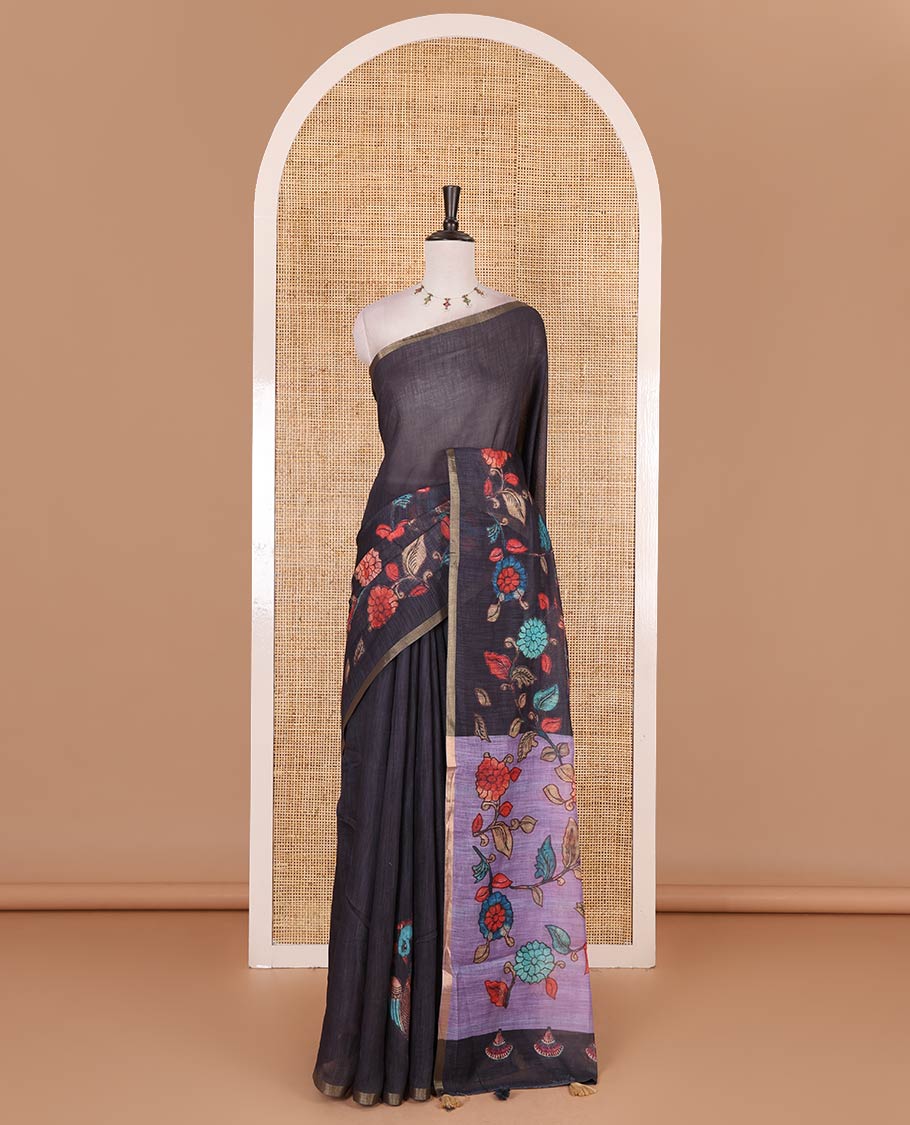 Black-lavender kalamkari floral vine, and peacock printed linen cotton saree, piping border, kalamkari printed pallu, and contrast striped pallu - Image 2